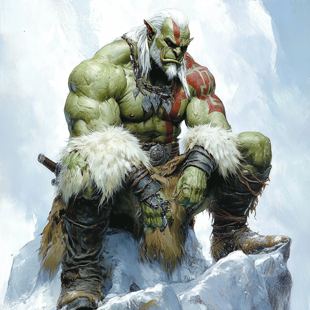 Strong orc with red tattoos in Asian outfit on rock.