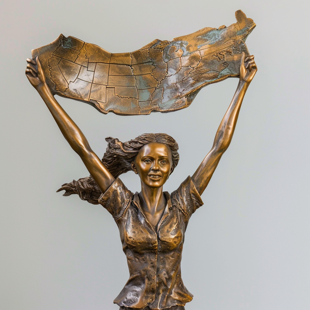 Strong woman holding US map in futuristic attire, leadership symbol.