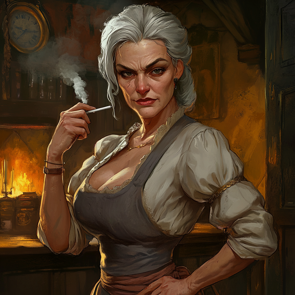 Strong woman owns tavern, commands respect from patrons.