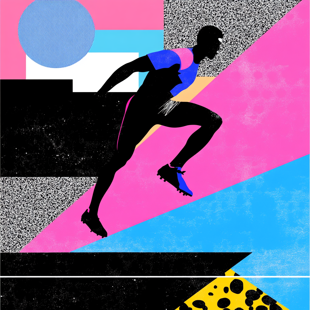 Struggling athlete in vibrant pink, blue, black collage.