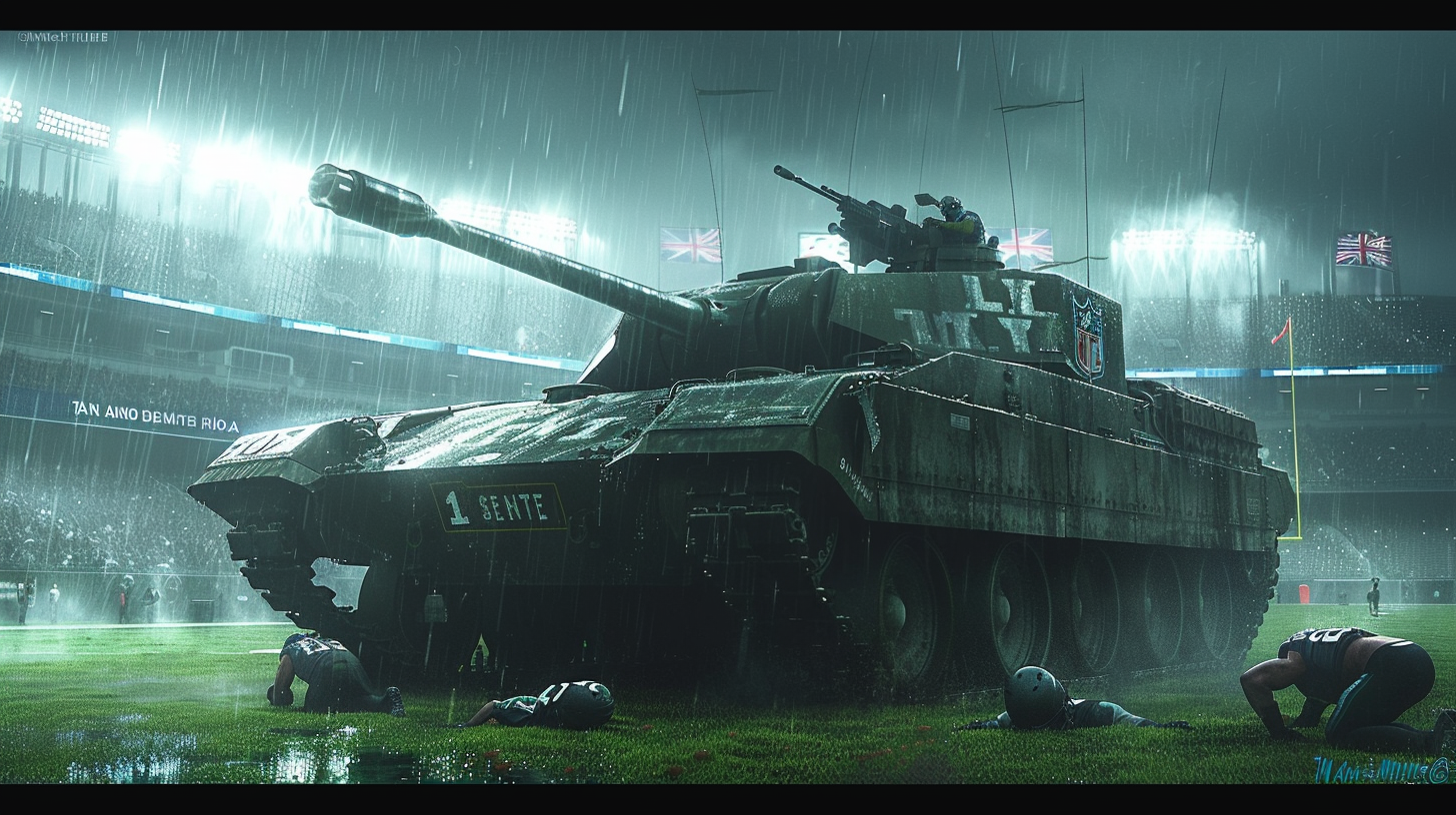 Struggling football team on rain-soaked field with tank.