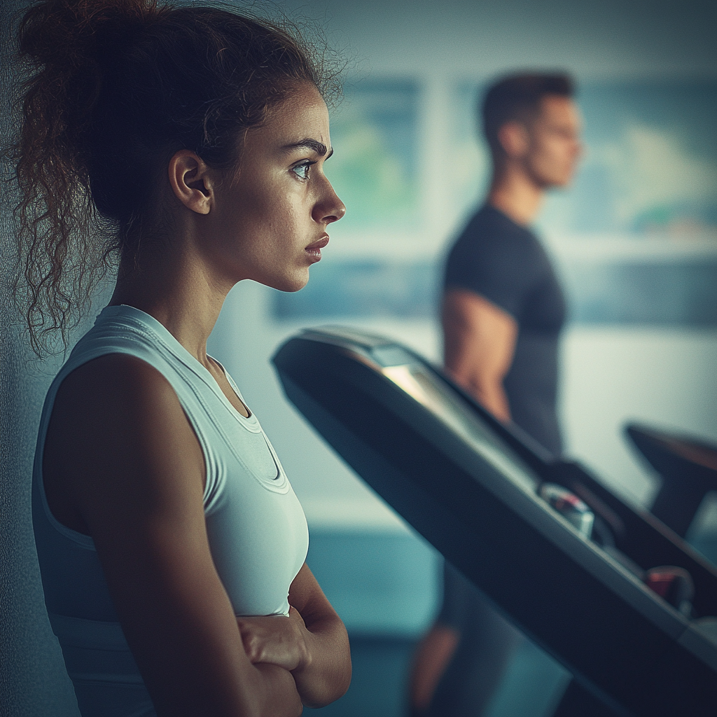 Struggling person looks at treadmill, future self energetic.