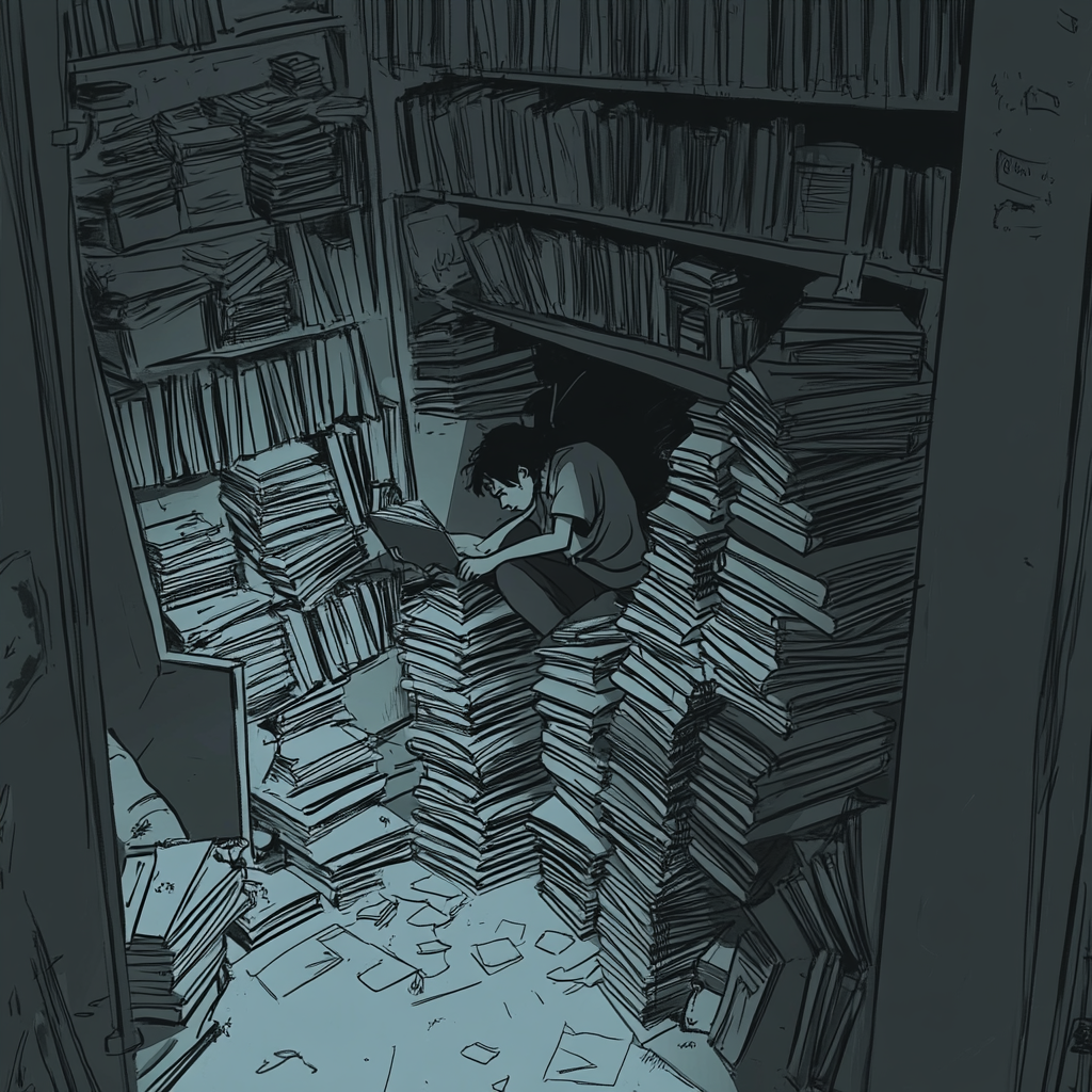 Student in dimly lit dorm room struggles with books.