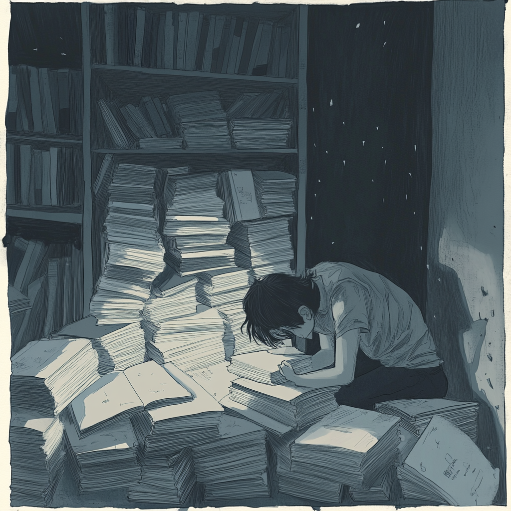 Student surrounded by grey books in dimly lit dorm.