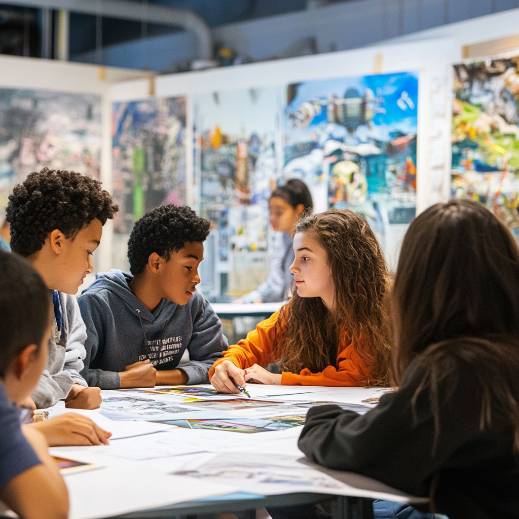 Students brainstorm futuristic ideas in vibrant classroom scene