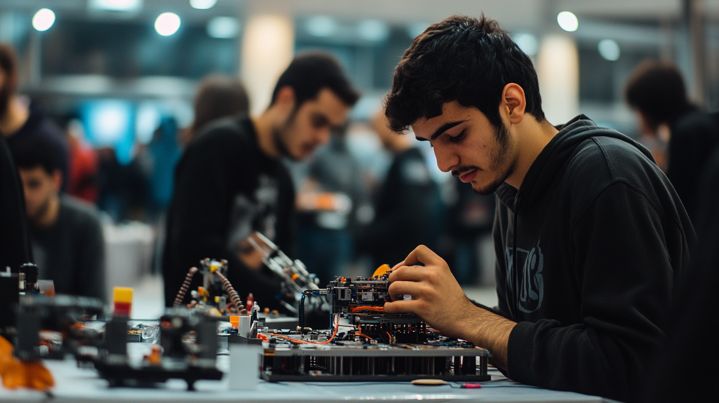 Students building robot in Türkiye robotics competition hall.