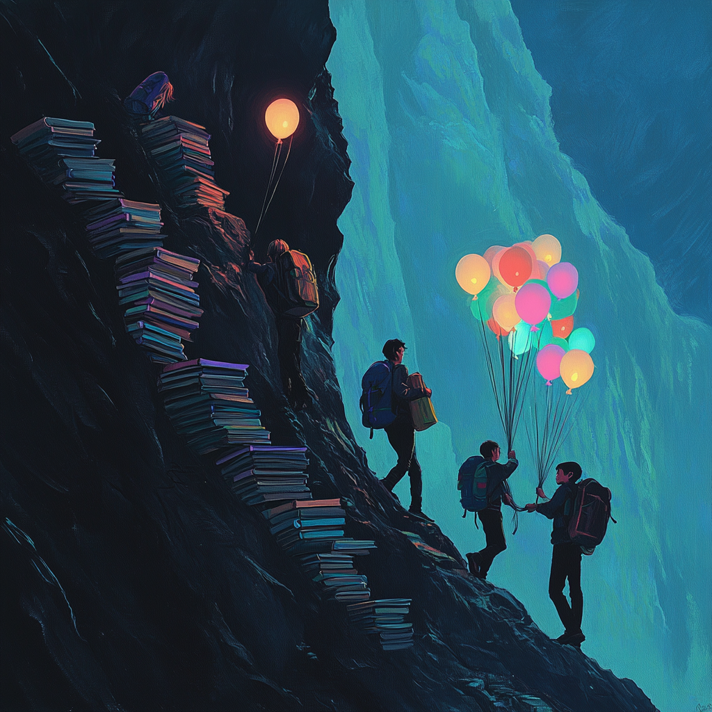 Students climbing steep mountain with heavy piles of books.