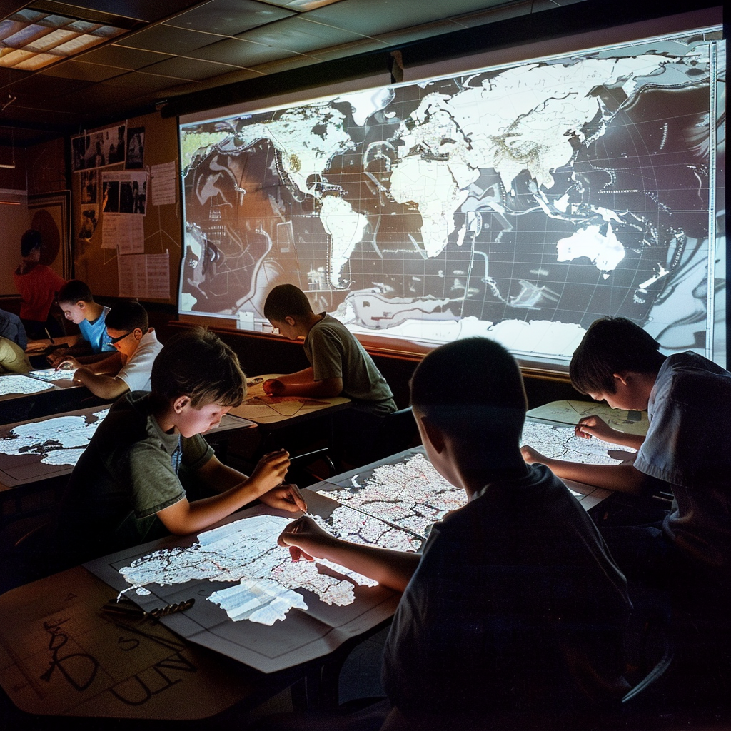 Students drawing maps, comparing them to projected map.