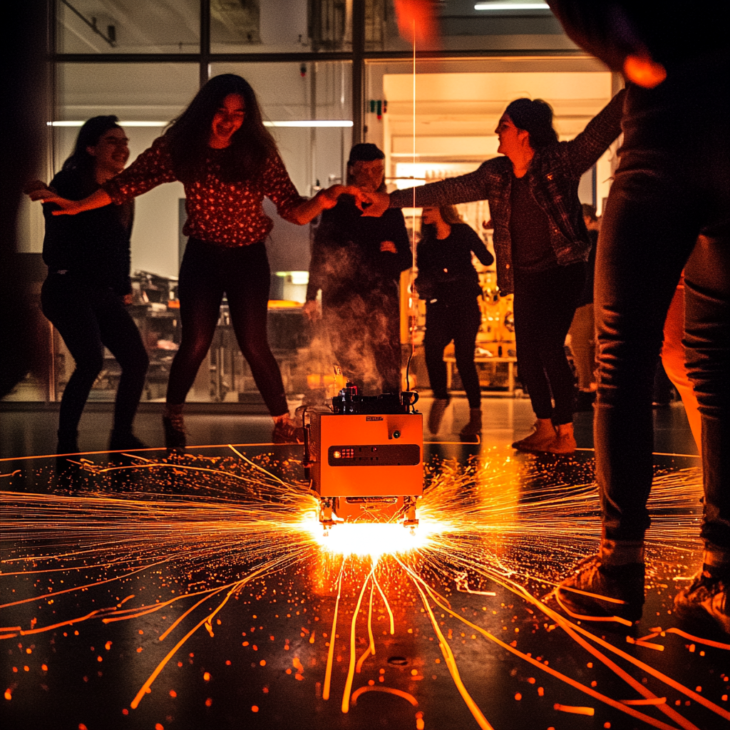 Students happily dancing around laser cutter fire at MIT workshop.