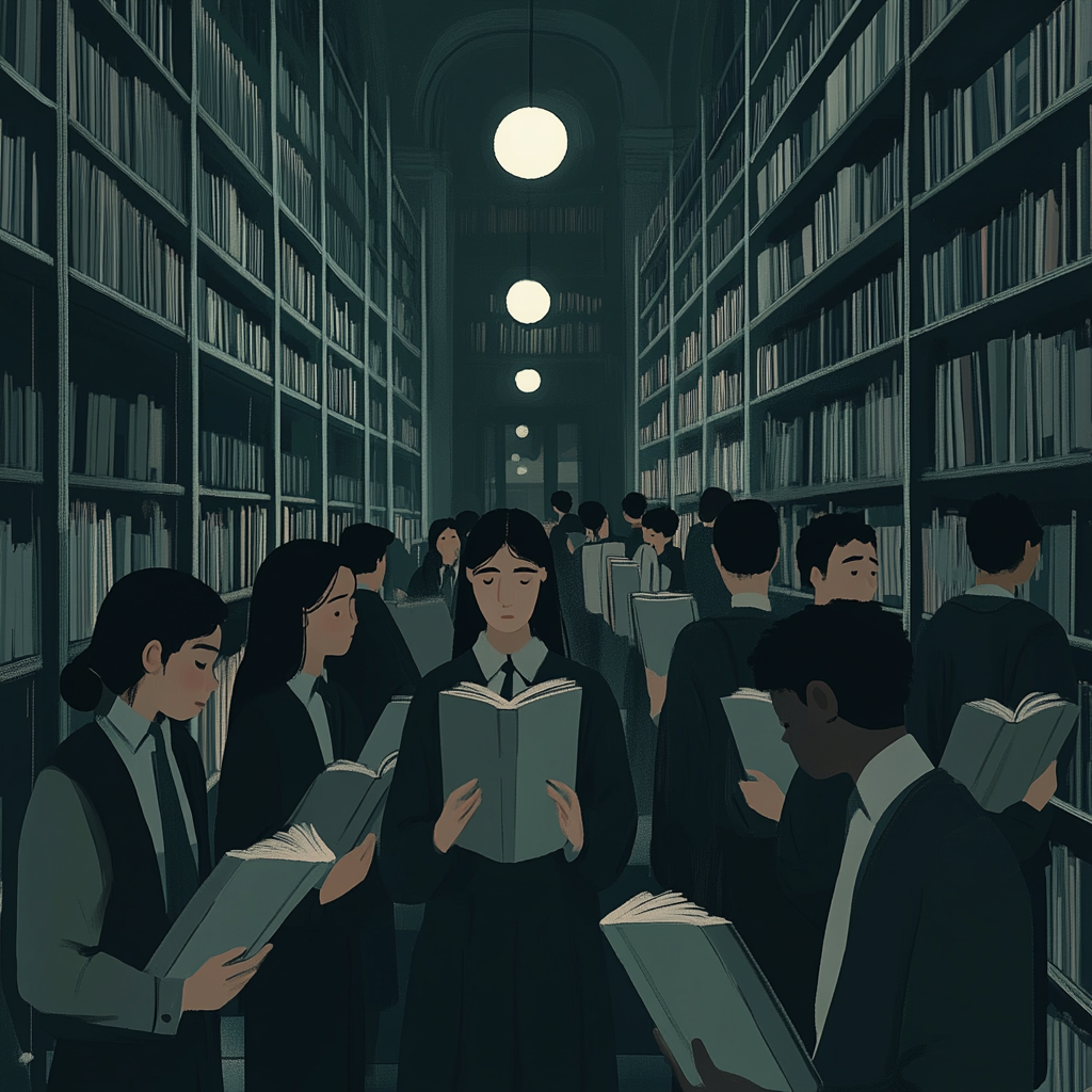 Students in a grey library holding grey books stare.