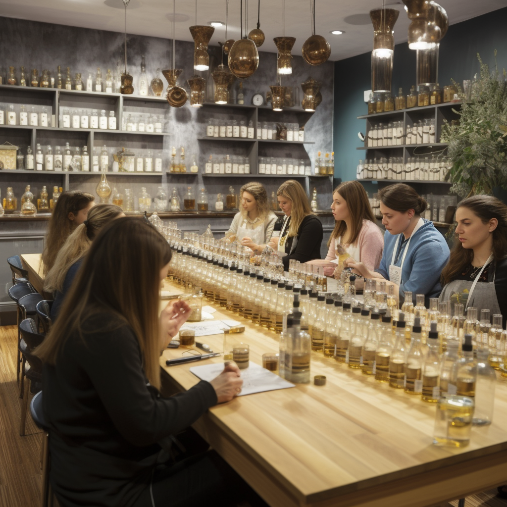 Students learning perfume blending from master teacher in class.