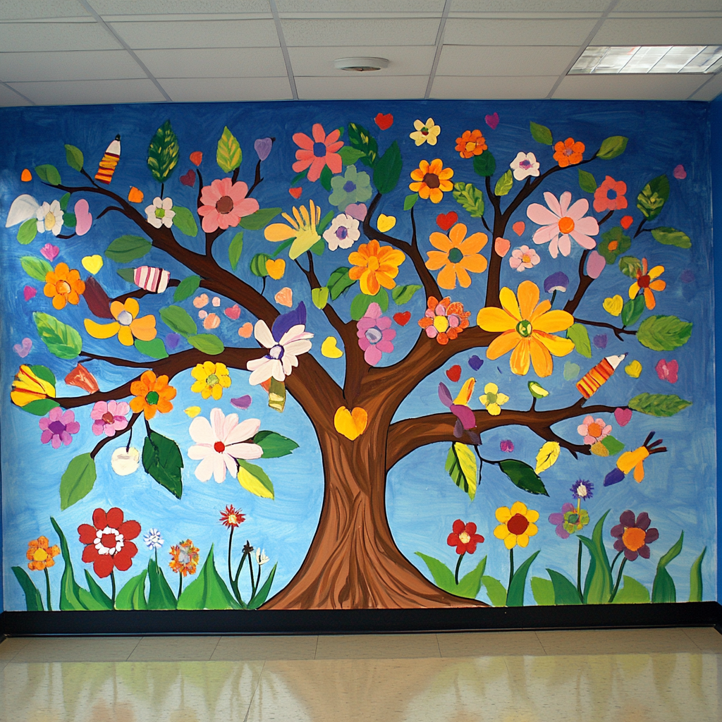 Students represented as trees, flowers, symbolizing growth, connection.