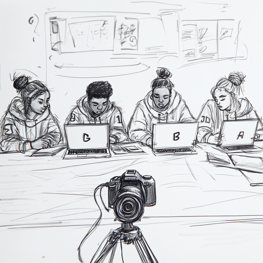 Students studying on desk with laptops, wearing uniforms.