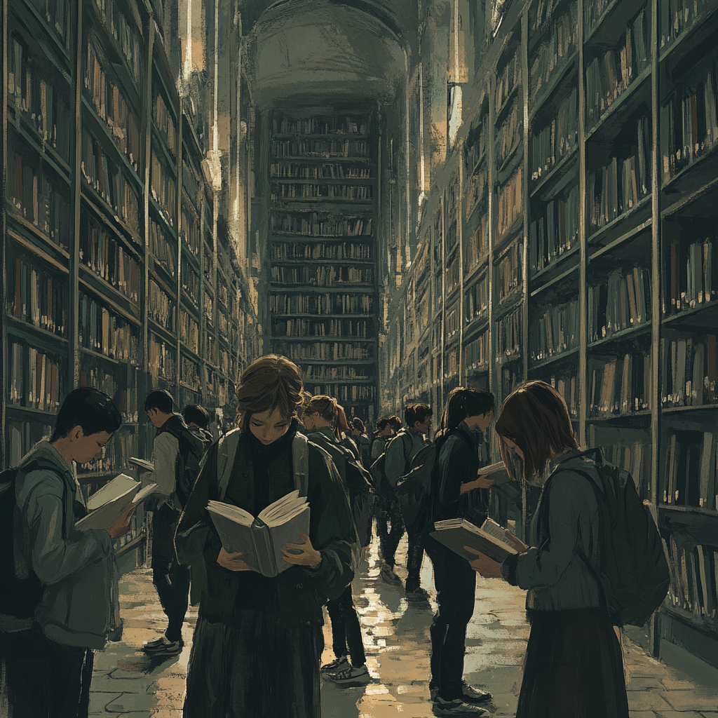 Students surrounded by towering bookshelves, holding grey books.