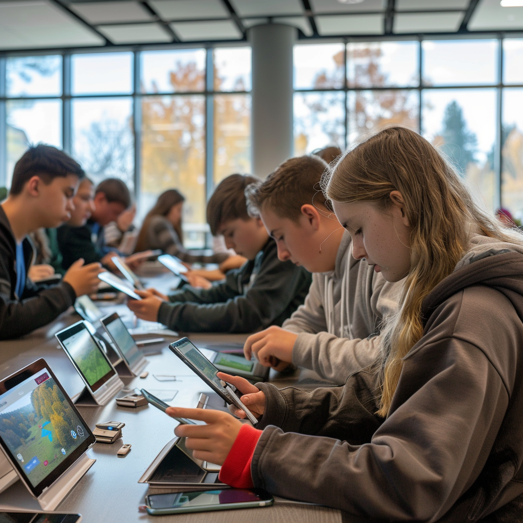 Students use tablets, smartphones in classroom with geospatial apps.