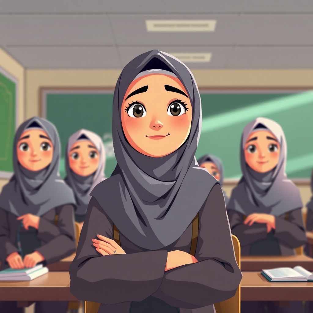 Students wearing hijabs in school for animation class.