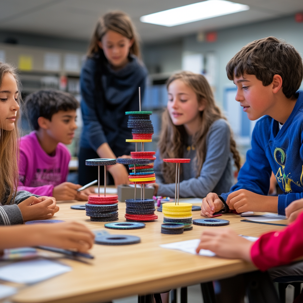 Students working together to solve a stacking challenge