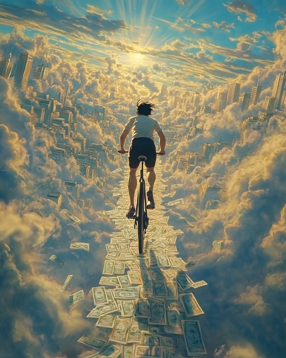 Studio Ghibli style animated film: bike rider, money road, London, sunny sky.