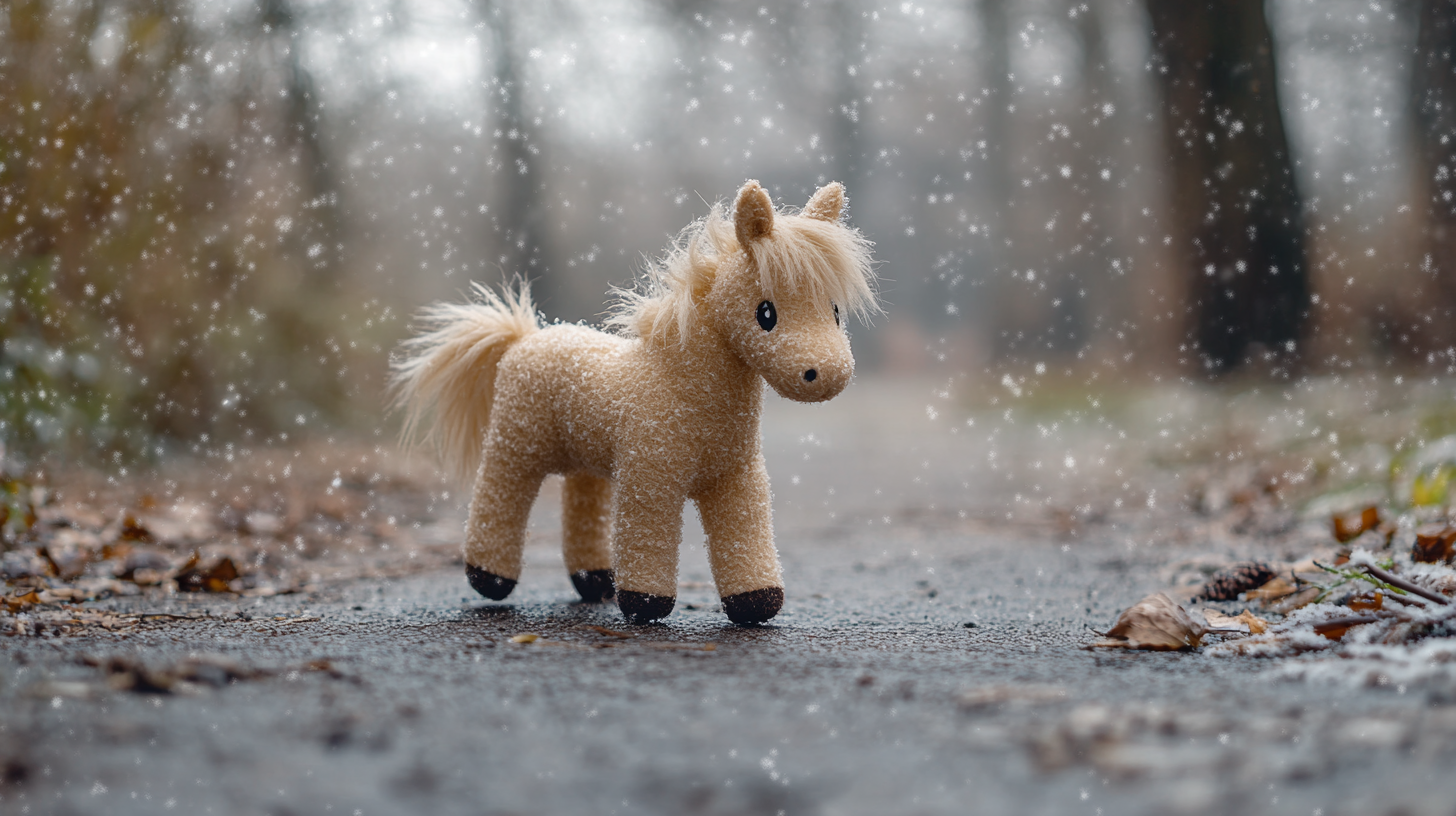 Stuffed Horse Toy Walking in Snowy Christmas Park