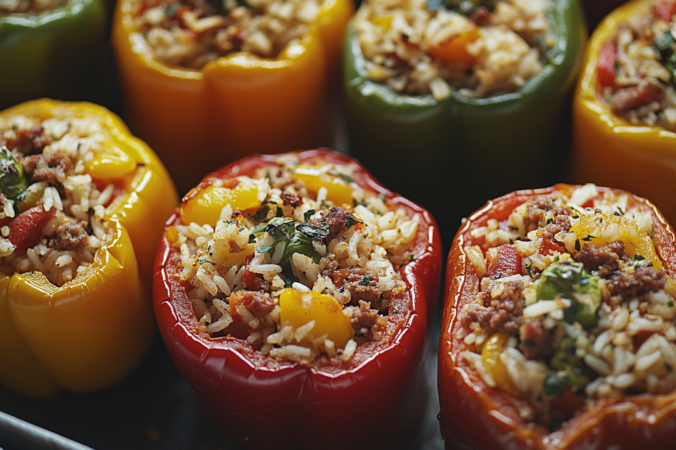 Stuffed Peppers close-up shot showing tempting ingredients.