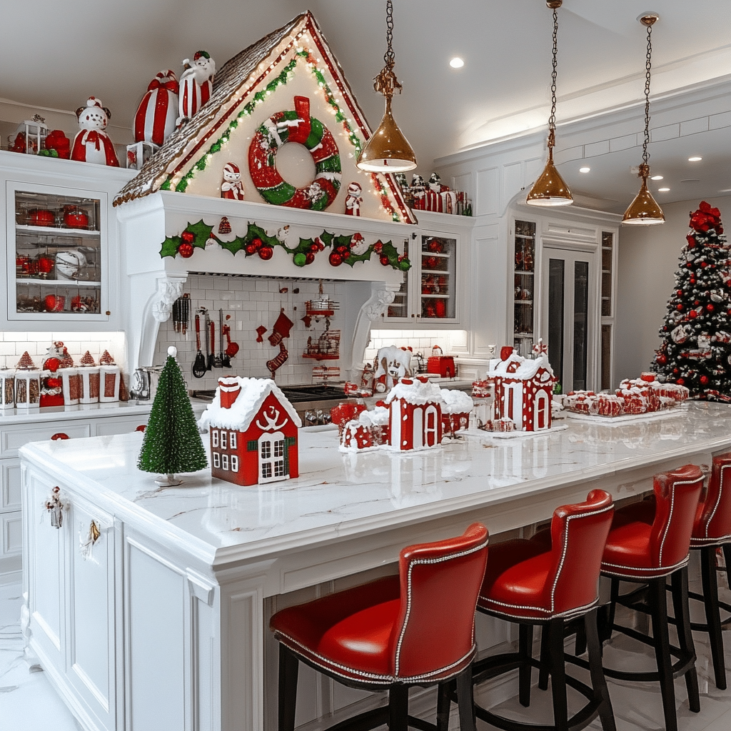 Stunning Christmas kitchen with gingerbread houses and decor.