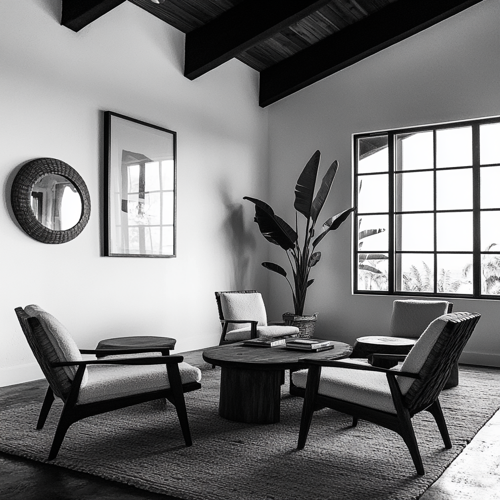 Stunning contrast in black and white vacation rental interior.