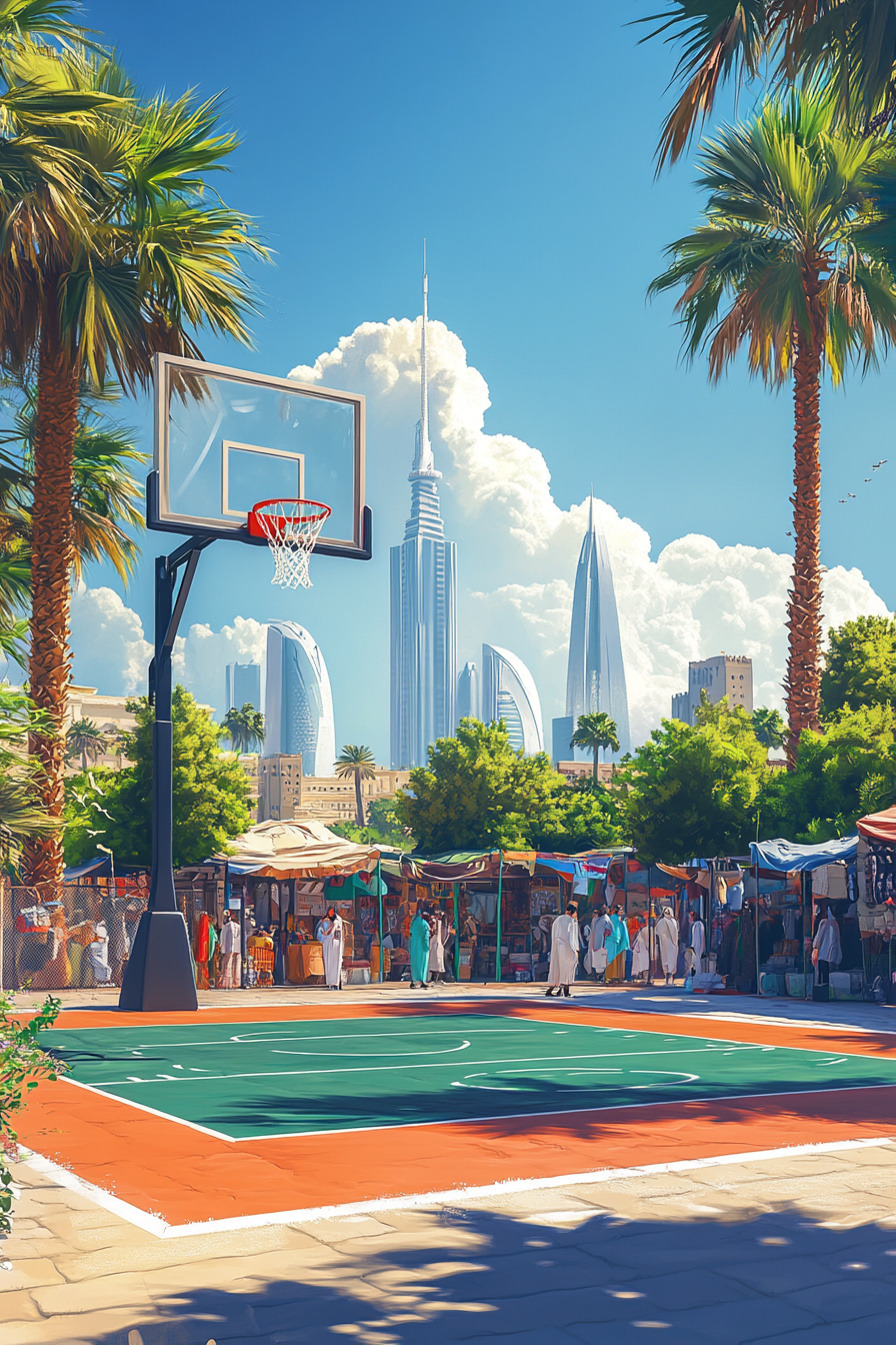 Stunning minimalist realism illustration of Kuwaiti basketball court.