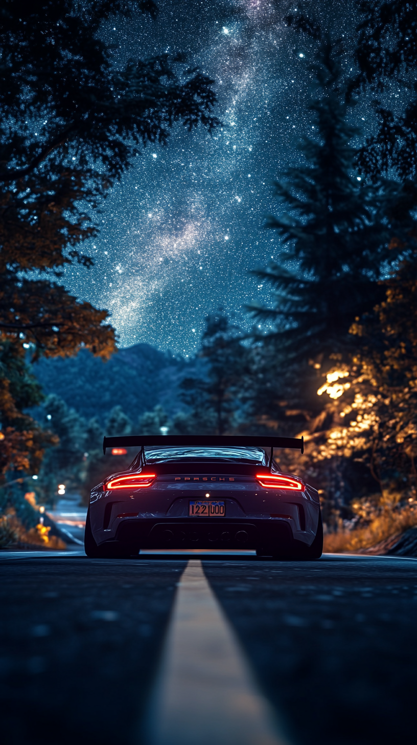 Stunning rear view wallpaper of wide body Porsche driving.