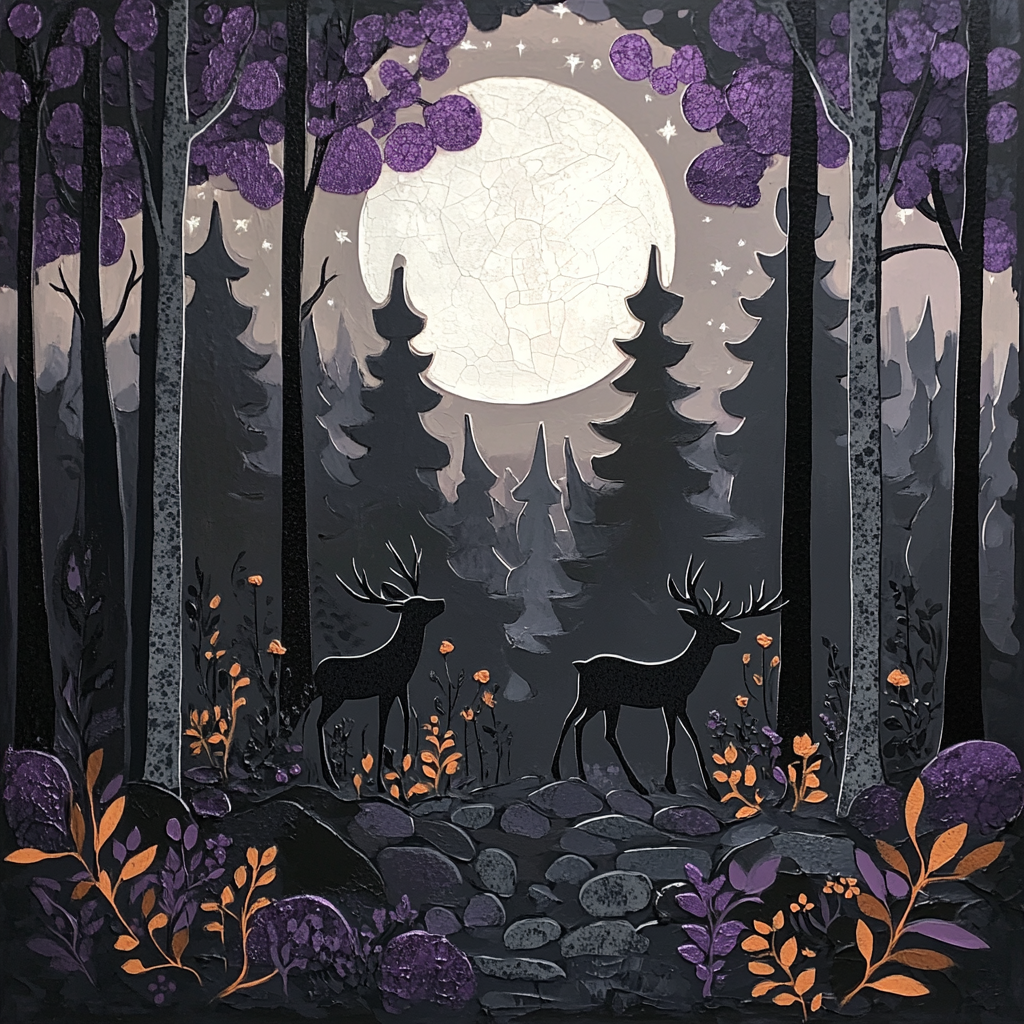 Stunning woodland scene with deer in moonlit forest.