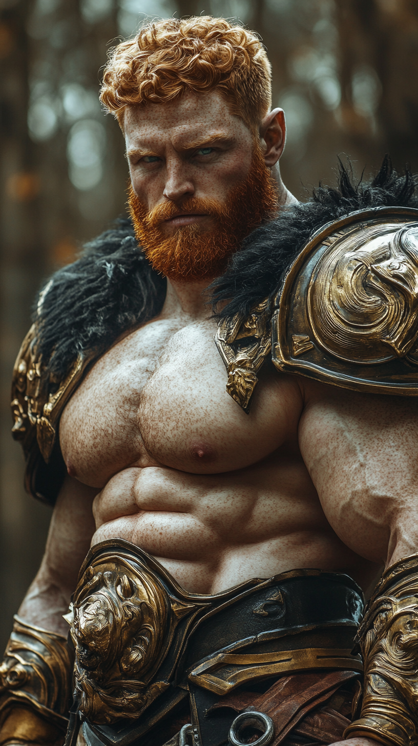 Stunningly handsome orc bodybuilder flexing in forest