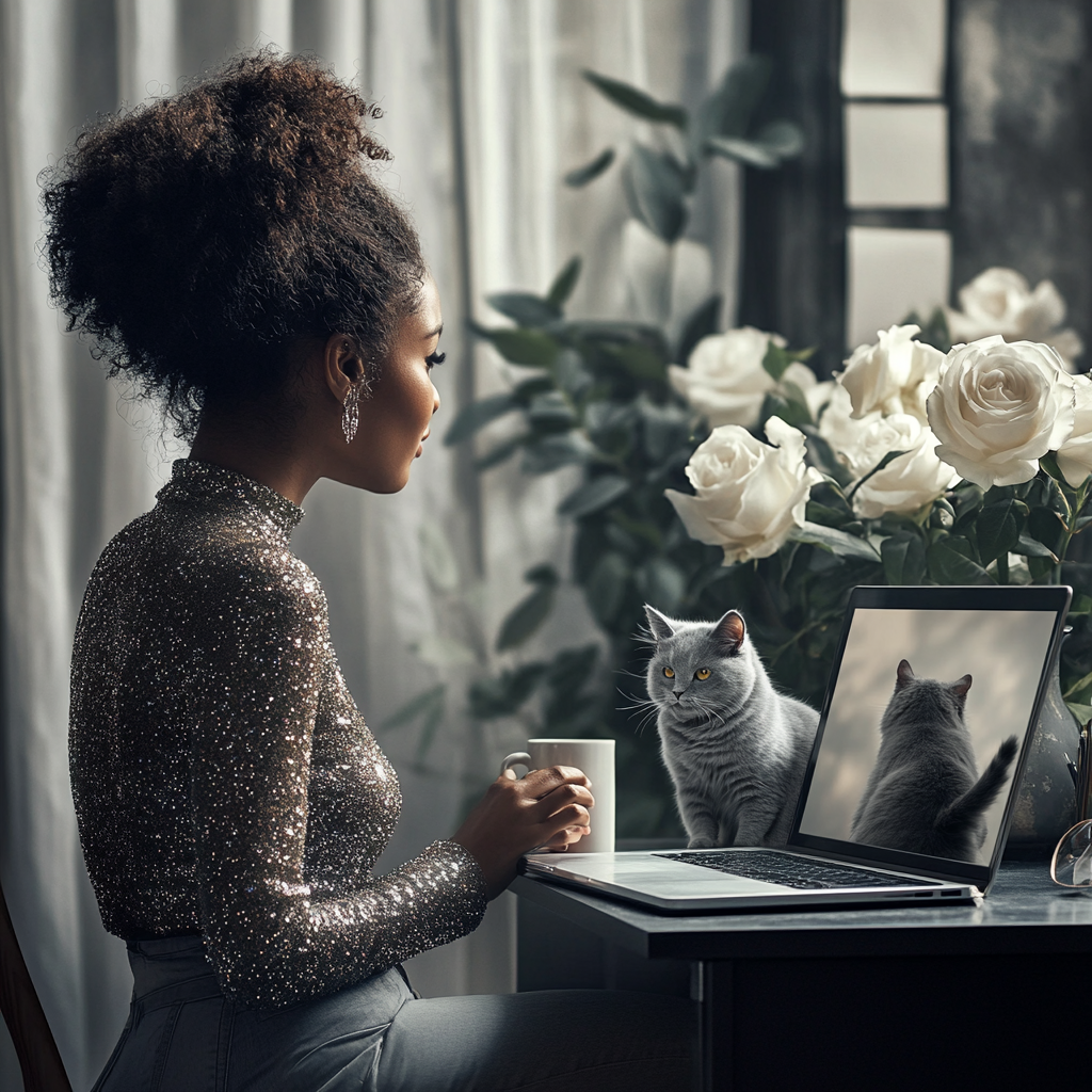 Stylish Black Woman in Home Office with Laptop and Cat 