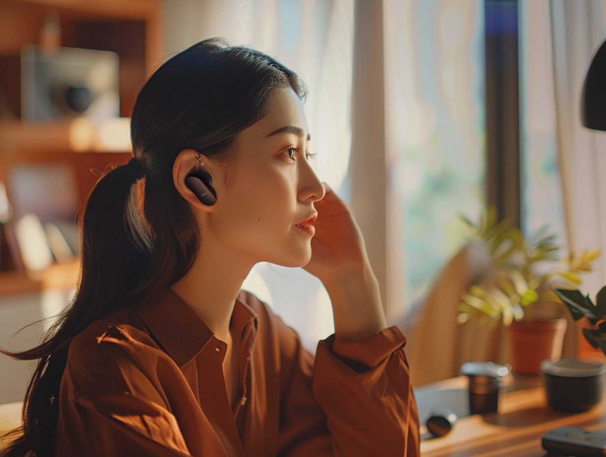 Stylish Bluetooth earphone held by an Asian model