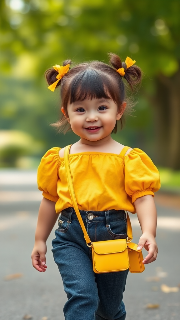 Stylish Child Walking in Park with Yellow Outfit