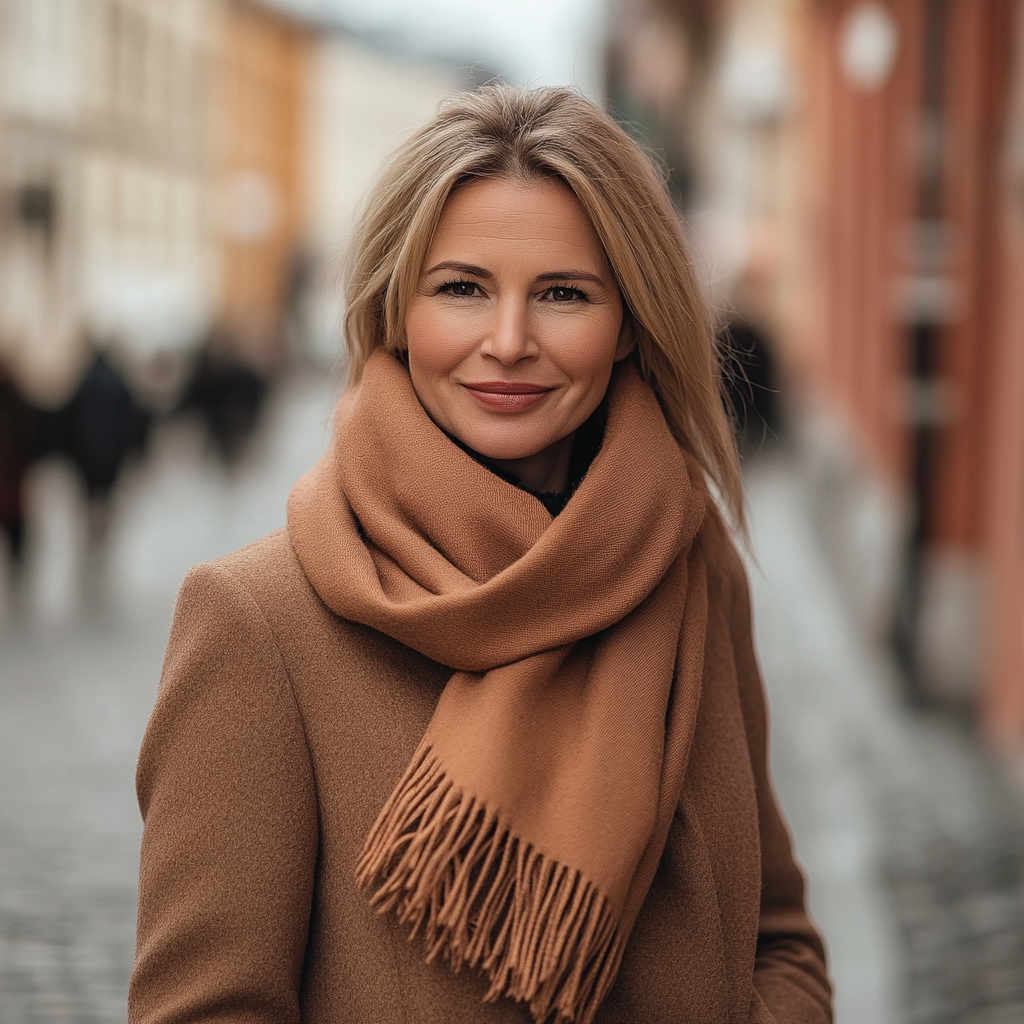 Stylish European Female Model in Rosewood Cashmere Scarf