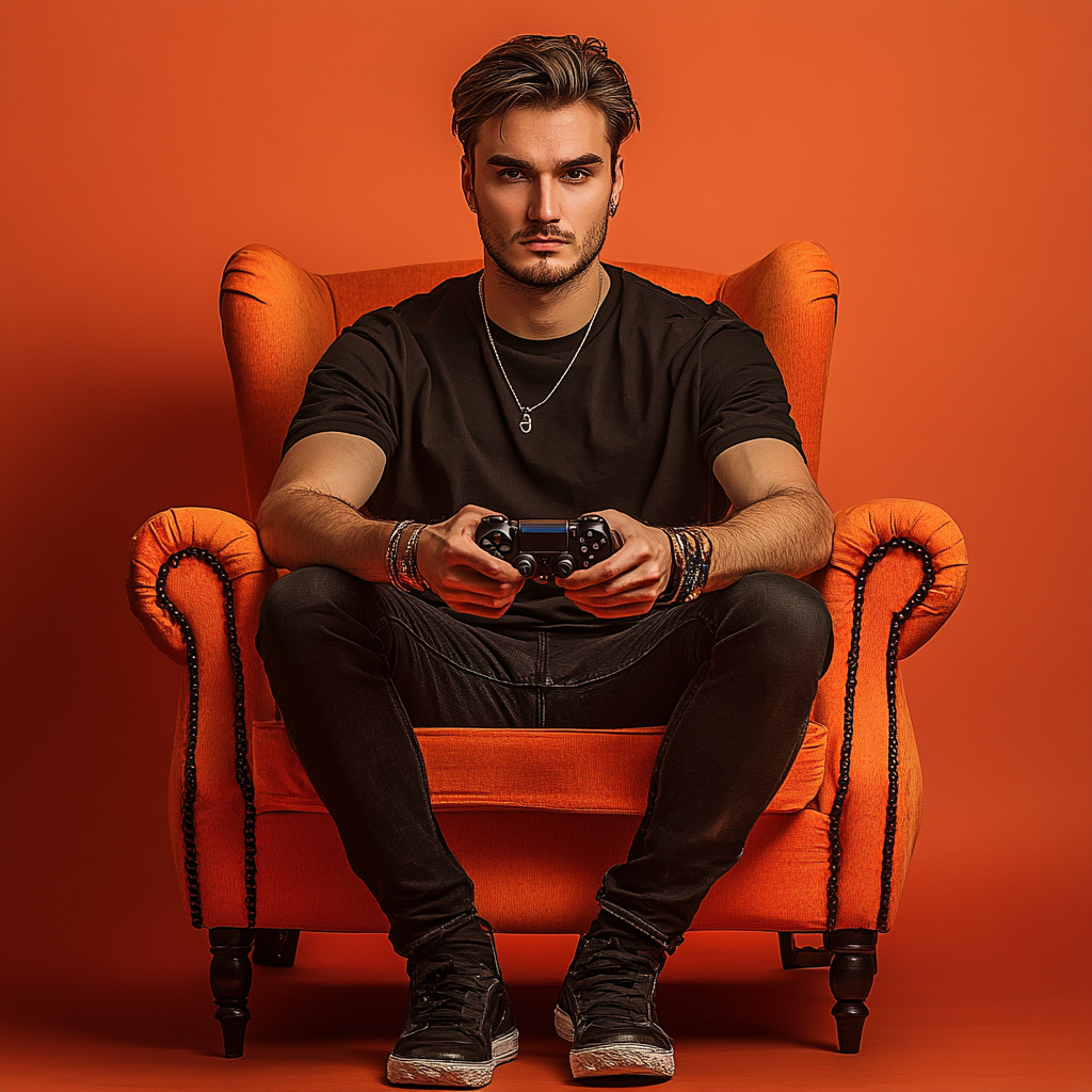 Stylish Gamer Man in Retro 60s Orange Armchair