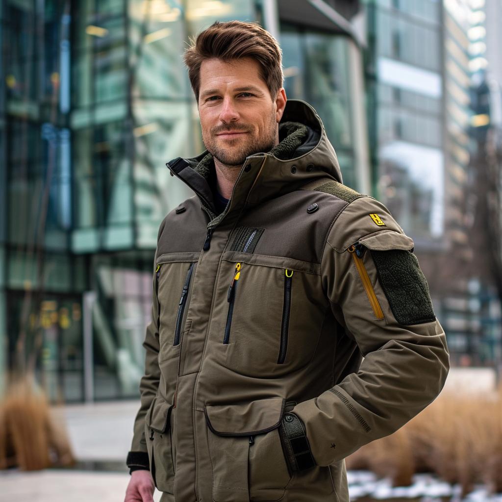 Stylish German man in urban setting with outdoor jacket.