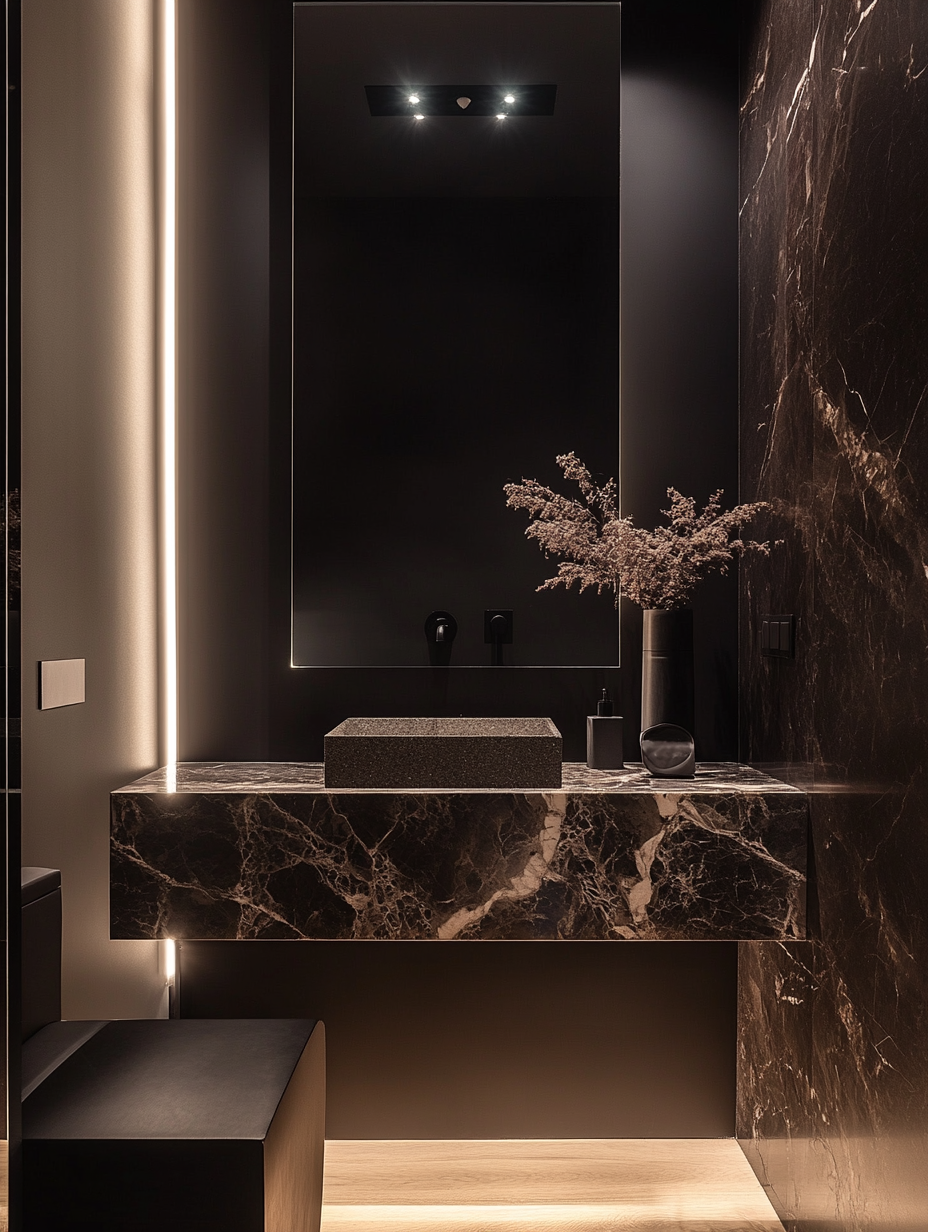 Stylish Guest WC Design with Dark Wallpaper and Marble Sink 