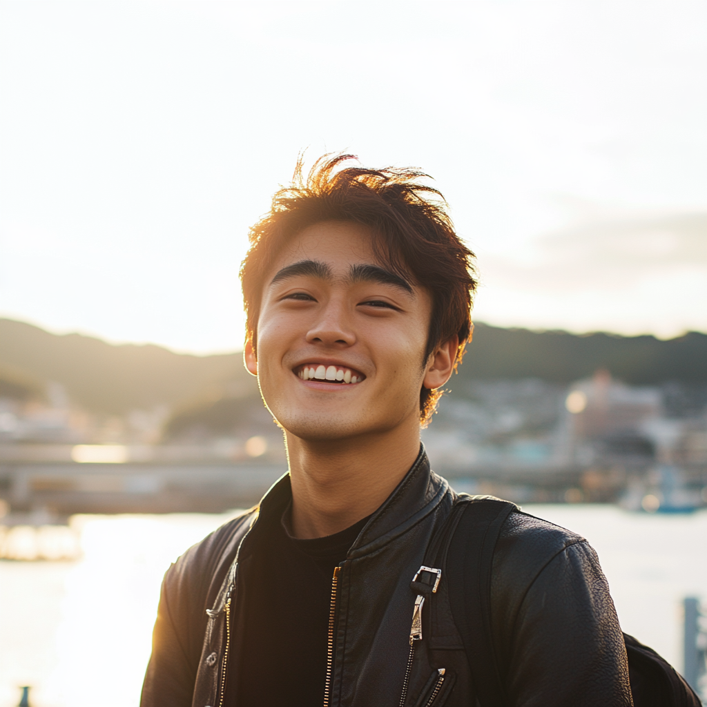 Stylish Japanese student in Nagasaki with city backdrop.