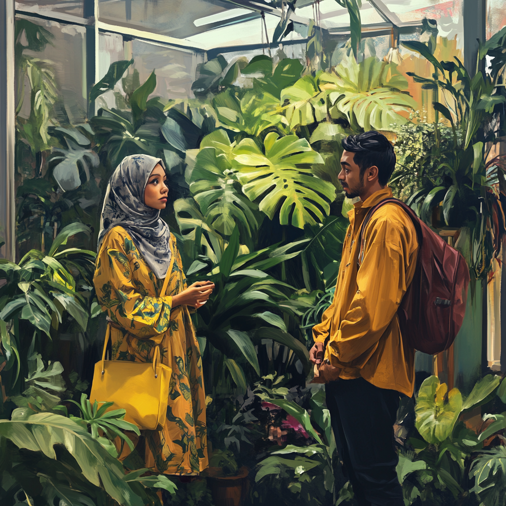 Stylish Malay couple in elegant, modern nursery with plants.