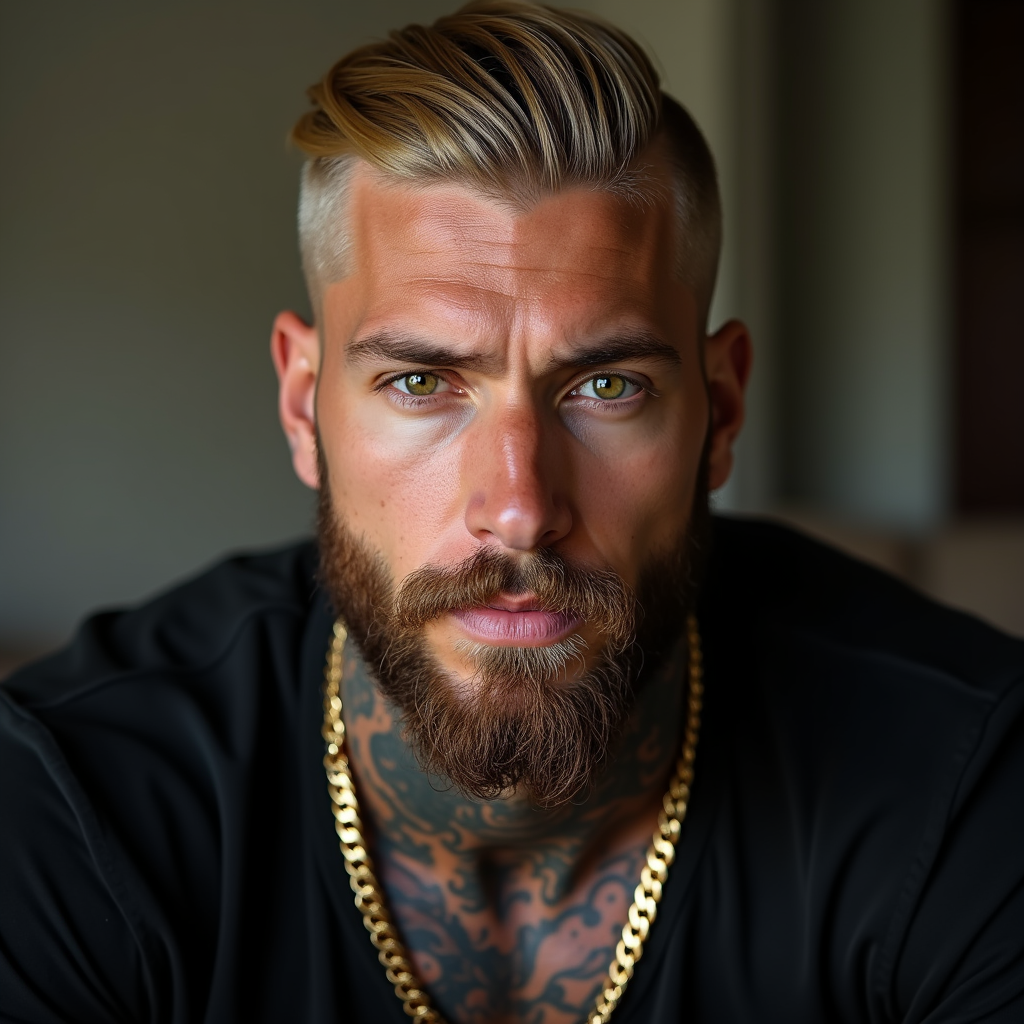 Stylish Muscular American Man with Neck Tattoos