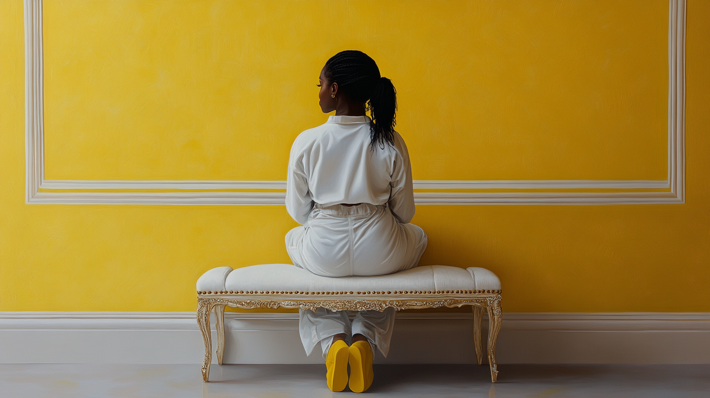 Stylish Nia Long sitting on elegant bench, yellow wall.