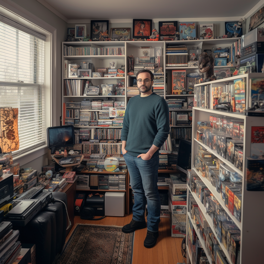 Stylish Software Engineer Surrounded by Collectibles and Comics