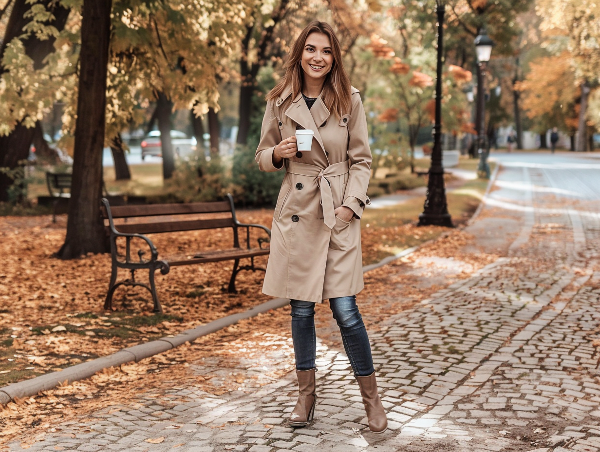 Stylish Woman in Beige Trench Coat Autumn Park