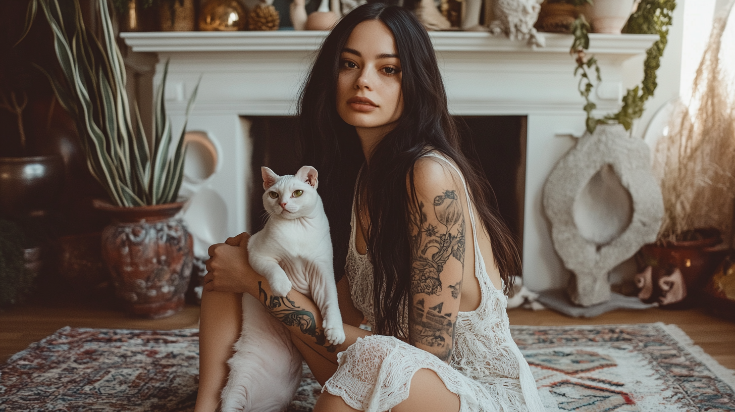 Stylish Woman with Sphinx Cat in Eclectic Room