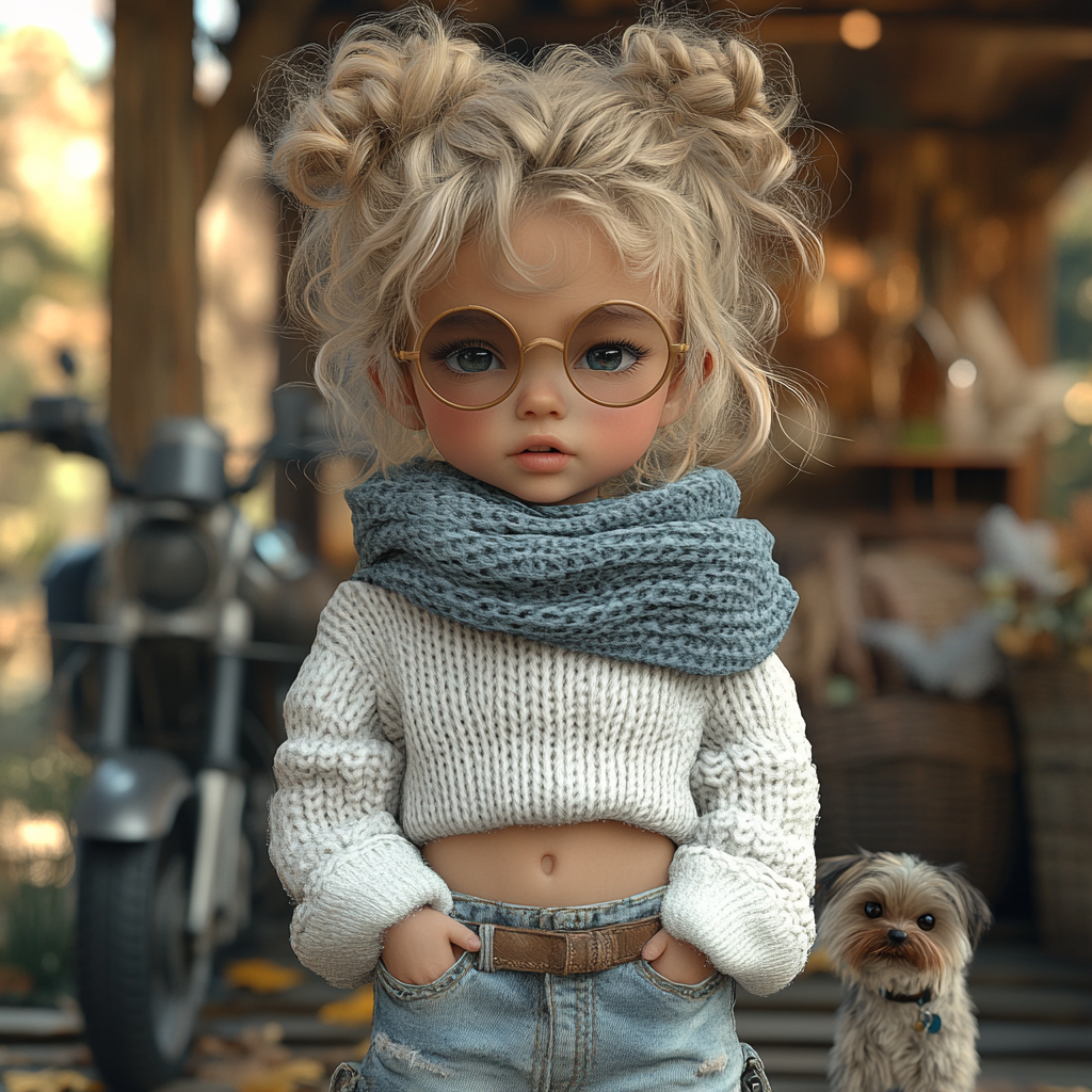 Stylish baby girl with curly hair, sunglasses and trendy outfit.