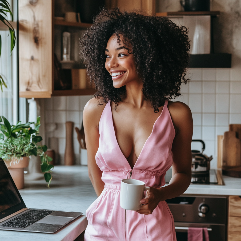 Stylish black woman with laptop in cozy kitchen.