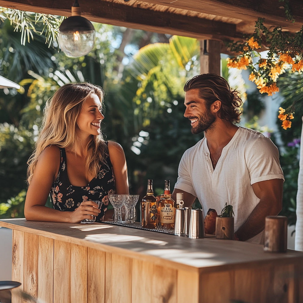 Stylish blonde woman designs backyard cocktail bar, man watches 