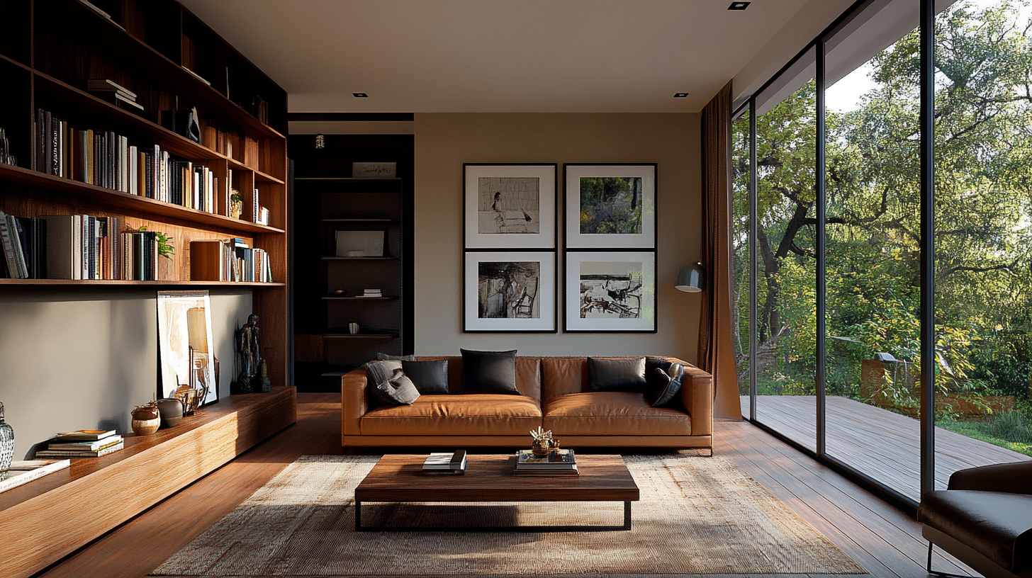 Stylish bookshelves, leather sofas, warm tones in modern home.