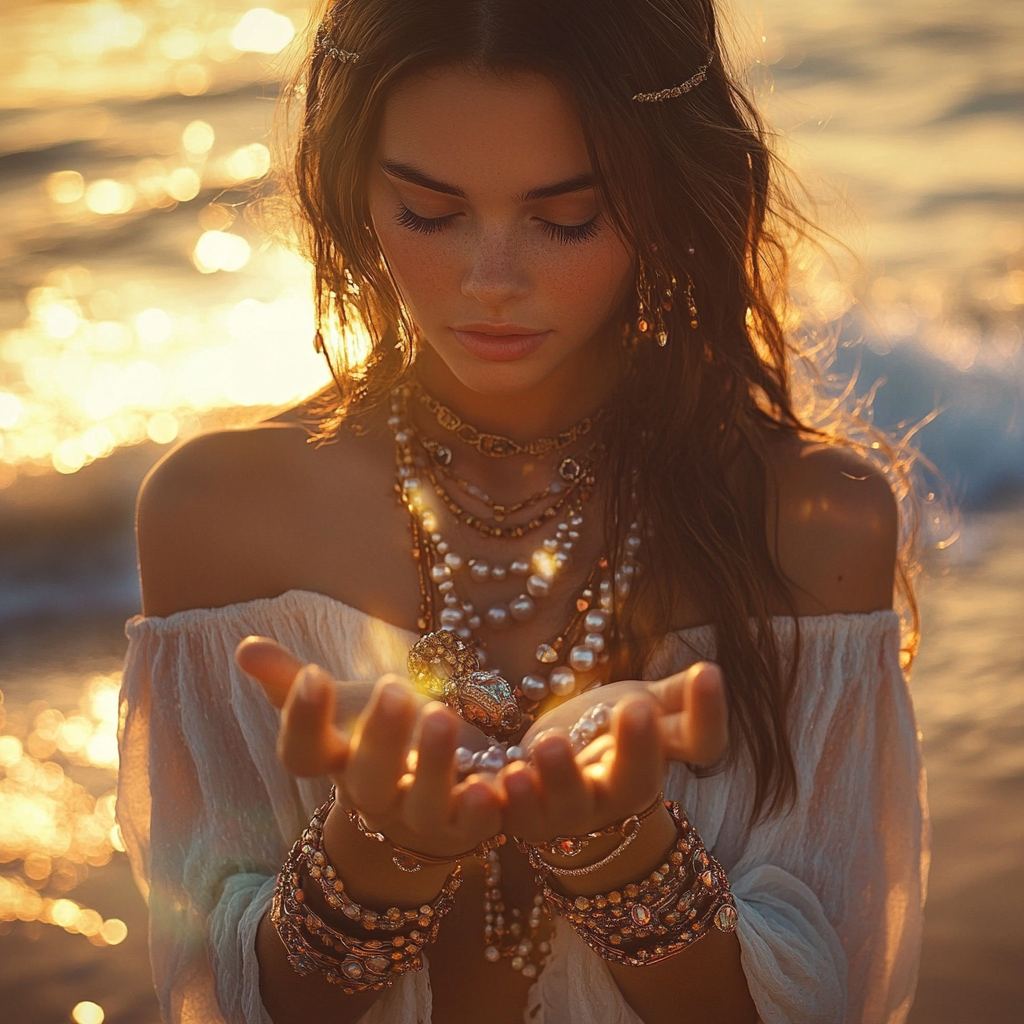 Stylish brunette girl holding golden necklace at sunset beach.