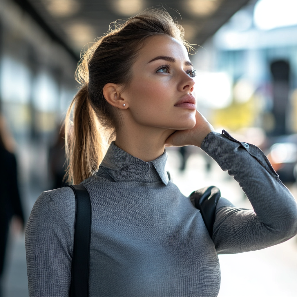 Stylish business woman rushing to work, causing health issues.